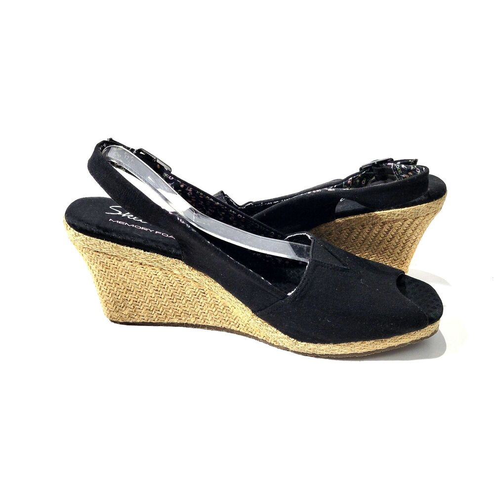 Skechers Espadrilles Wedege Peep Toe  Sandals Black Sz 10M